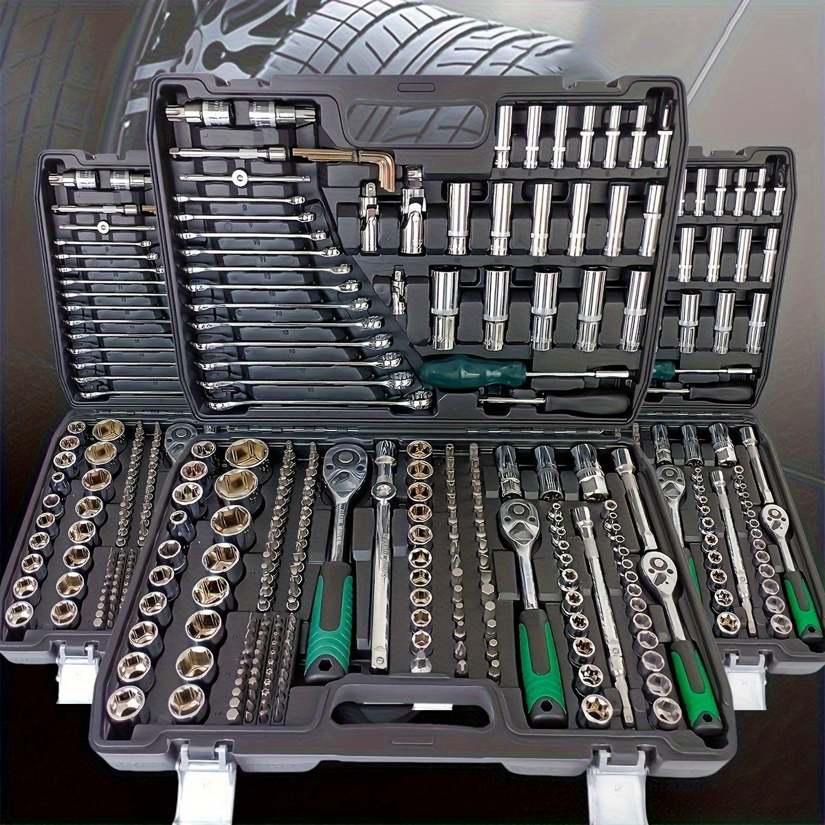 Une boîte à outils complète noire multi-usages pour la réparation automobile avec une boîte de rangement en plastique, un ensemble d'outils de réparation de vélo d'urgence pour les sorties, comprenant des clés hexagonales, des douilles de 1/2*1/4