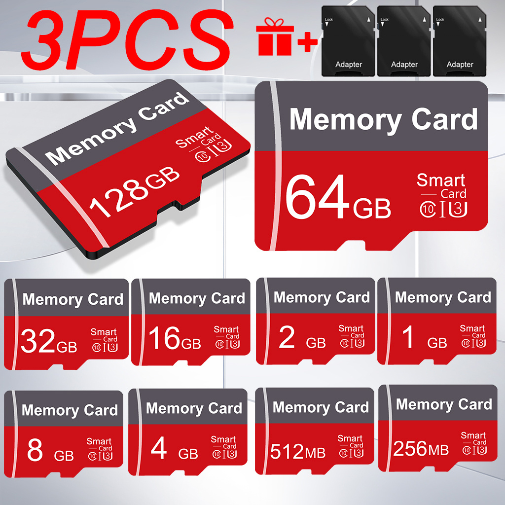 3 stk. TF hukommelseskort - 128GB/64GB/32GB/16GB/8GB/4GB/2GB/1GB/512MB/256MB, kompakte højtydende flashkort til tablets, kameraer, mobiltelefoner, laptops, pc'er, bilstereoanlæg, spillekonsoller