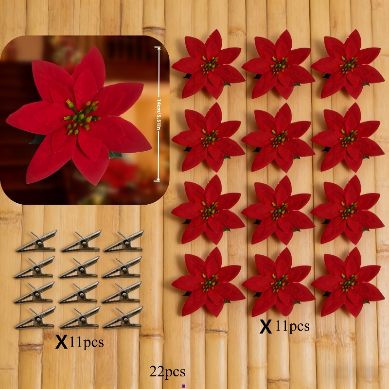 TEMU 22pcs Christmas Garlands Realistic Artificial Poinsettia Plants With Blossoms -durable Plastic Low-maintenance Fake Flowers Suitable For