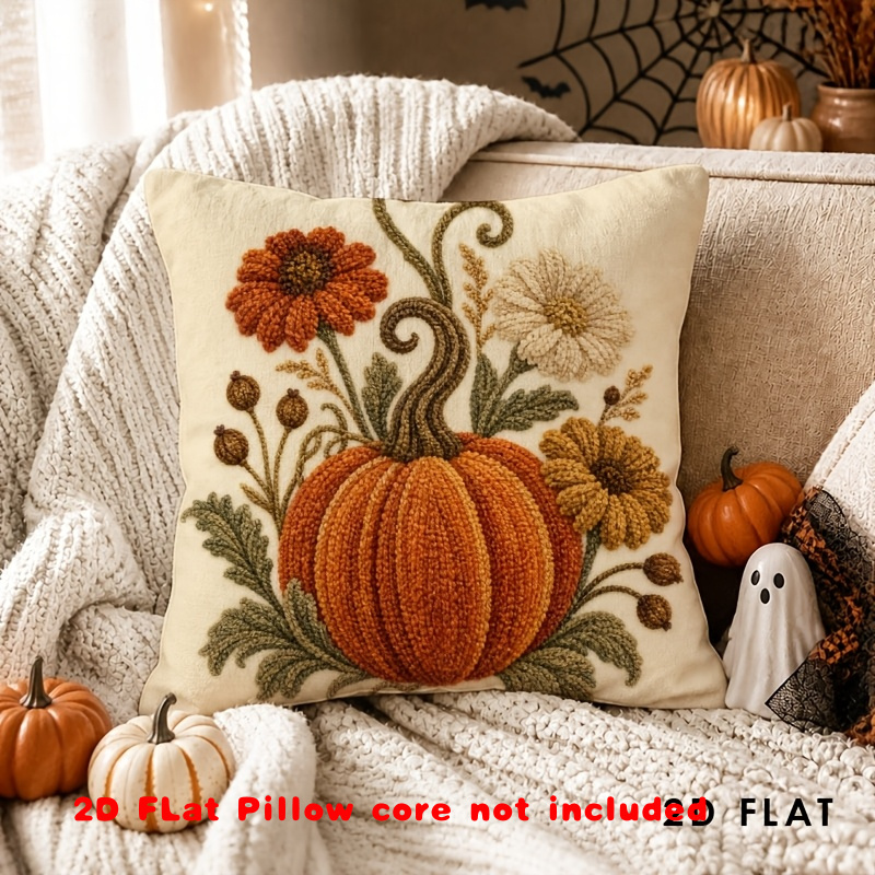 TEMU 1pc Pillow Cover(insert Not Included); Not Actual Embroidery; 2d Print; Double-sided Print. 1pc Embroidered Rustic-style Autumn Pumpkin Floral