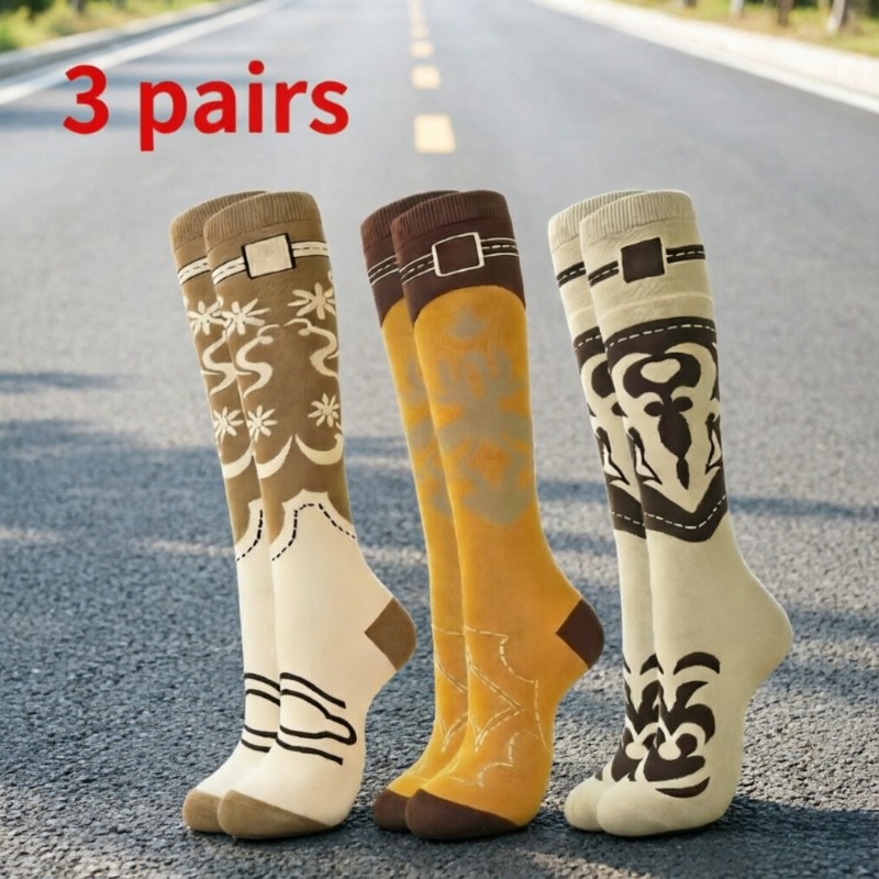 TEMU 3-pair Valporia Western Cowboy Thigh-high Socks Suitable For , Vintage Equestrian Riding Compatible Over-the-knee Socks, Machine Washable Riding