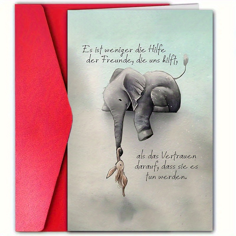 TEMU 1 Cute German Encouragement Card With Envelope - \"\" Elephant And Rabbit Design, Perfect For Daughter, Friend, Partner - , Greeting Card, Cute