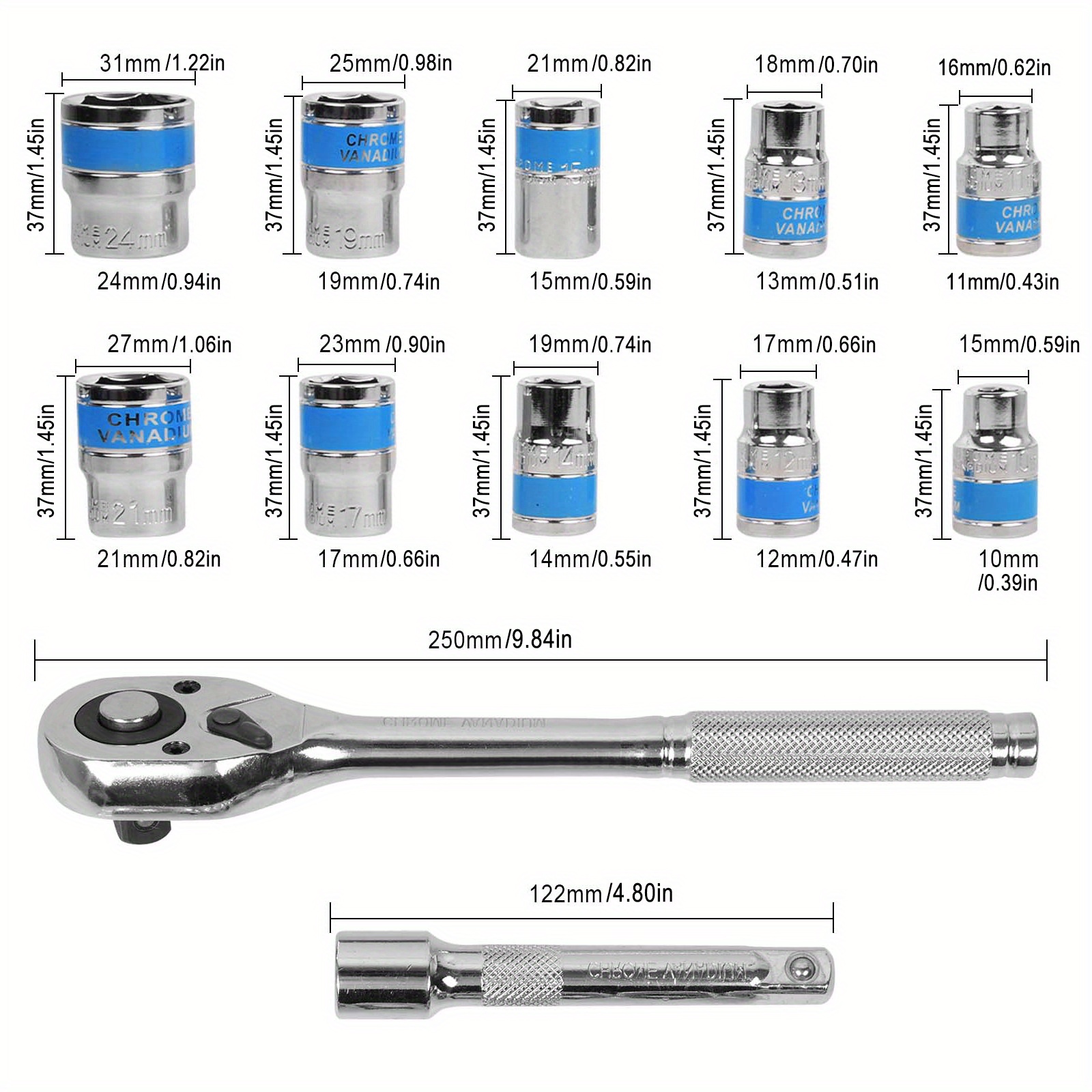12pcs Socket Wrench Set with 1/2" Ratchet and Extension