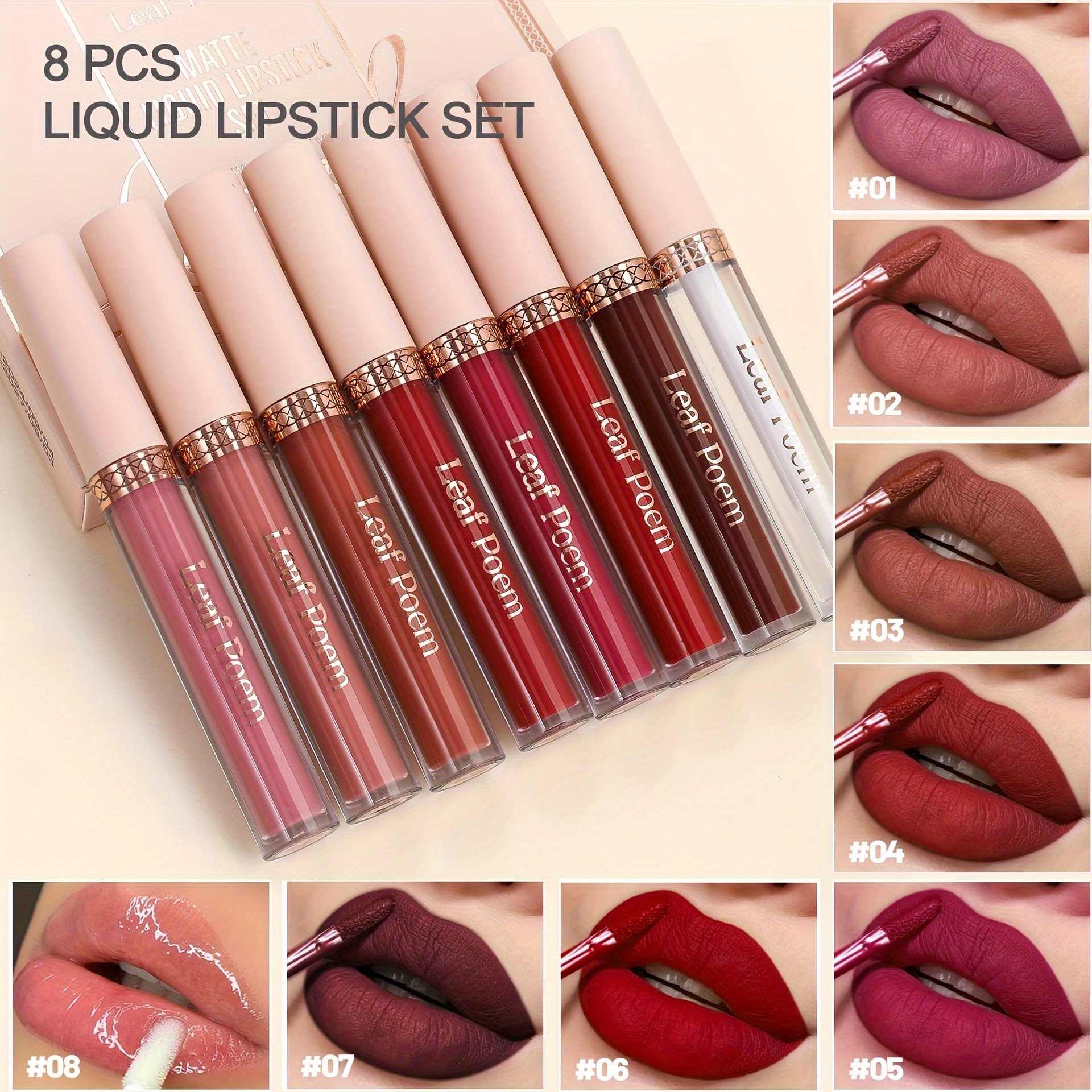 8pcs Matte Liquid Lipstick Set- Waterproof, Non-Stick, Long-Lasting Lip Gloss in Brown, Pink, Purple& Red Shades with Plant Squalane