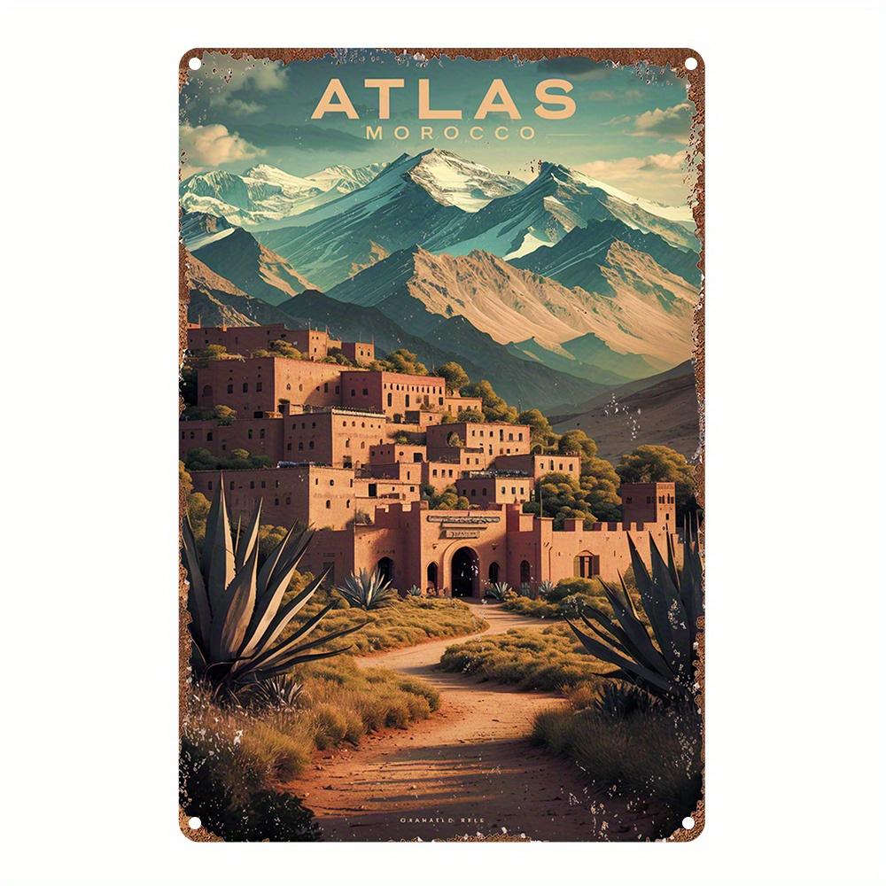 TEMU [JIT]1 Panneau mural en aluminium vintage Atlas Maroc, 20,32x30,48cm, décoration rustique avec trous pré-percés pour une installation facile,