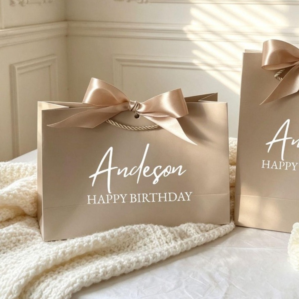 TEMU Gift For Her/him 1pc Custom Text Birthday Theme Hand Gift Bag With Golden Satin Bow, , Personalized Name And Text Printing, Suitable For All