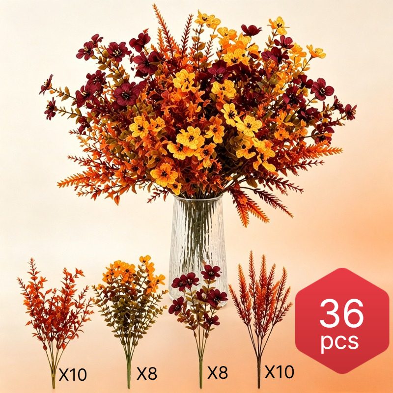 TEMU 36pcs Autumn Artificial Simulation Bouquet, Daisy Eucalyptus Leaves Orange Yellow Colors Mixed Thanksgiving Decoration - Low Maintenance Fade