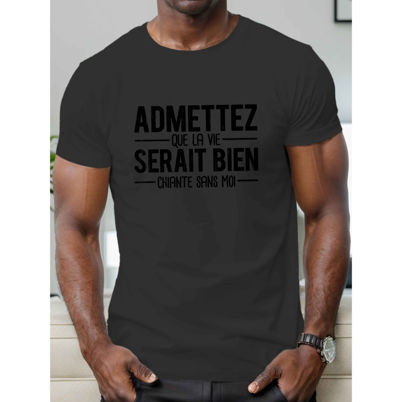 

T-shirt décontracté à col rond pour homme, en polyester tricoté, motif géométrique, légèrement extensible, coupe régulière, haut à manches courtes pour l'été.