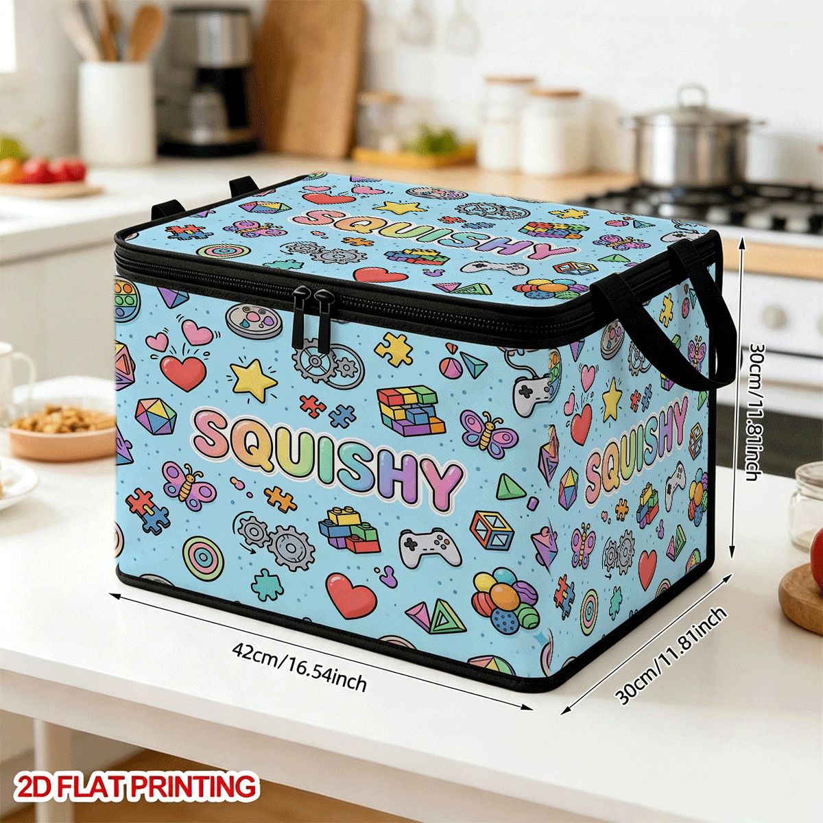 TEMU 1pc 2d Flat Foldable Zipper Storage Box, Light Fun Element Full Print Design, Can Store Clothing And Bedding, Nail Art Tools, Holiday
