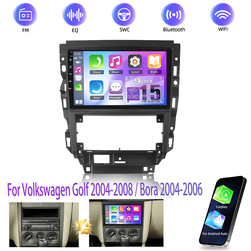 9" 15 Stereo For 04-08 Golf/04-06 Bora Direct Replacement, 2+64g Touchscreen, With & / Bluetooth 5.0 &wifi/fm &rds/ Swc/backup Input.