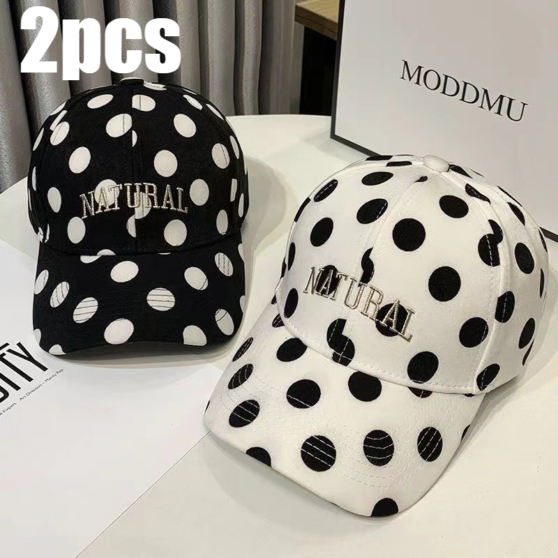 TEMU 2pcs Retro Polka Dot Letter Baseball , Unisex, Black And White, Adjustable, Breathable, Sun, Casual Couple