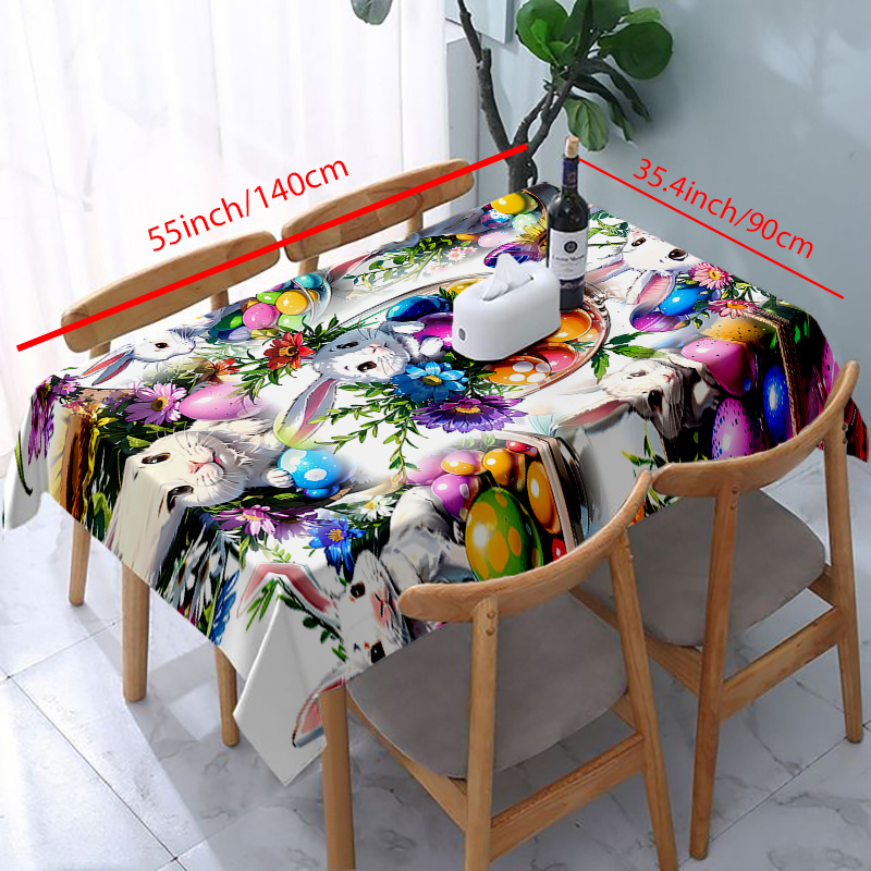 TEMU 1pc, Polyester Tablecloth, Rabbit And Egg Print Pattern In Glass Cup, Rectangular Dining Table Runner, Easter Style Tablecloth, Suitable For