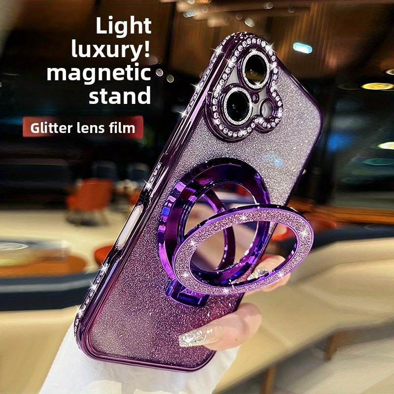 TEMU Coque de téléphone - H99 Support Magnétique Pliable Compatible avec pour Iphone 17, Design Complet Décoré Diamant avec Protection d'Objectif,