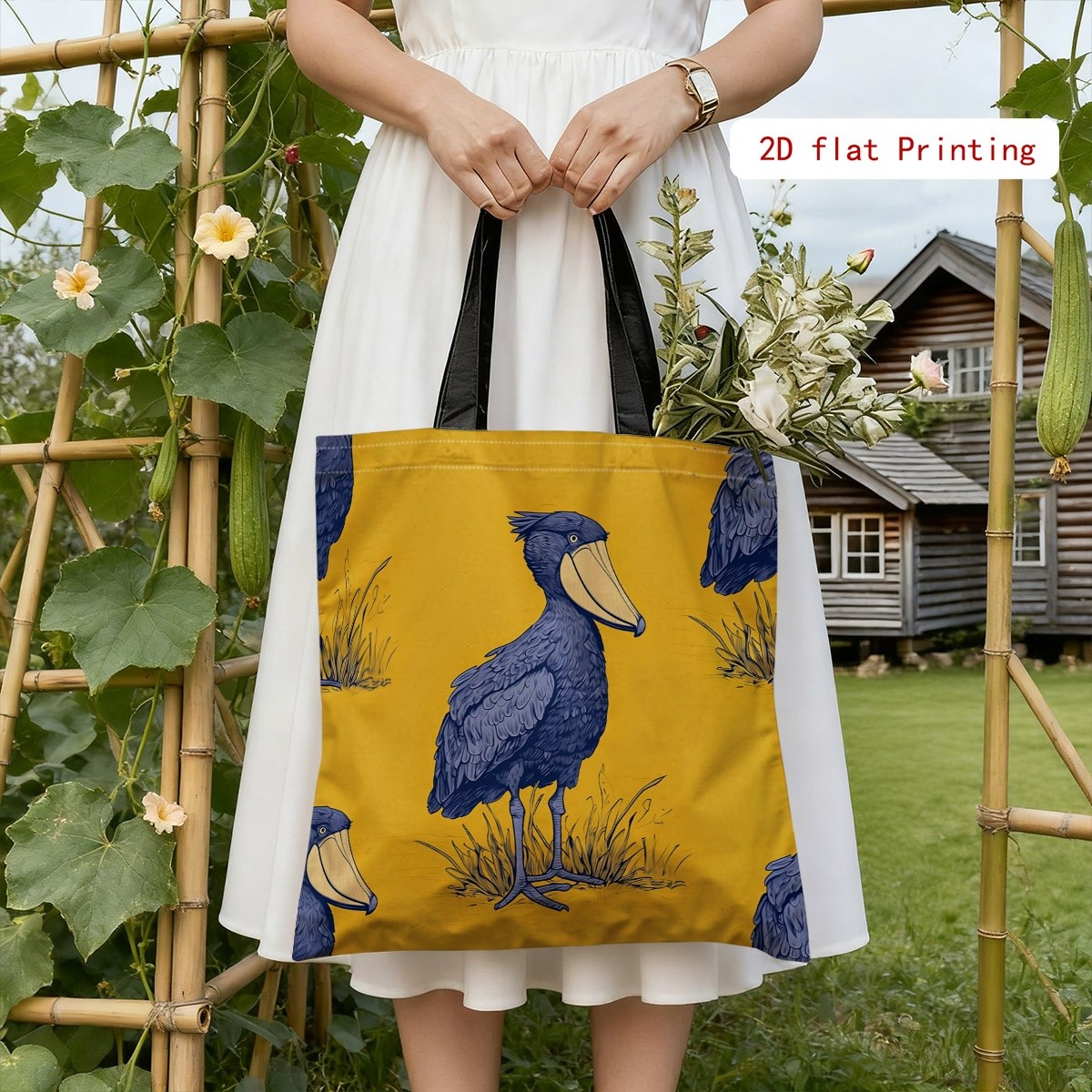 TEMU 1pc Women' Tote Bag, 13.7in X 15.7in Double-sided Design With Whimsical Blue Bird Yellow Background Print, Casual Shoulder Handbag, Perfect For