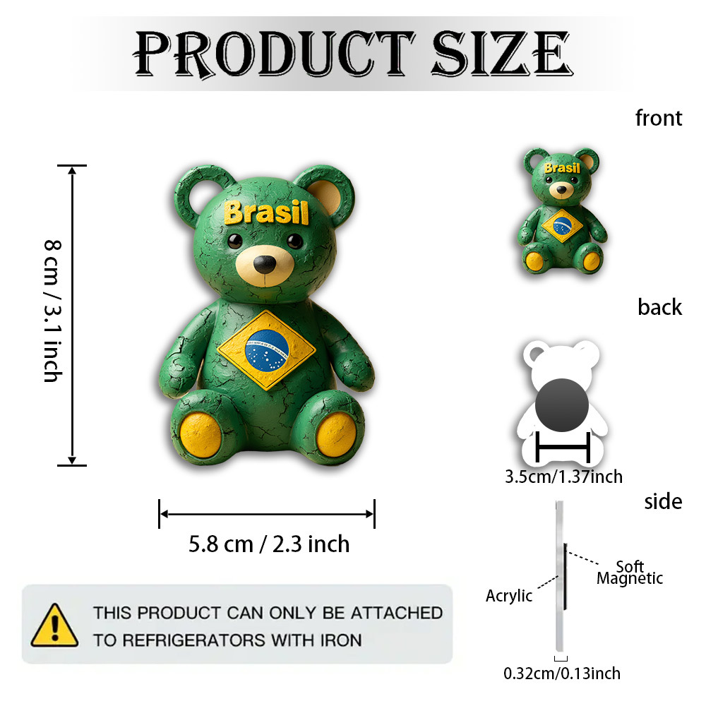 TEMU 1pc Brazilian Teddy Bear Magnet Suitable For /stamp Collectors, Vintage Green Bear With Brazilian Flag Emblem (br), Distressed Acrylic Fridge