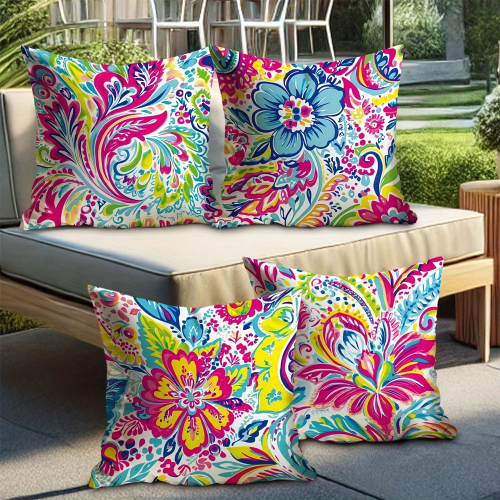 TEMU 4pcs Tropical Throw Pillow Covers With Paisley Floral , Machine Washable, Zipper Closure, 100% Polyester, 18x18 Inch, Suitable For Garden Patio