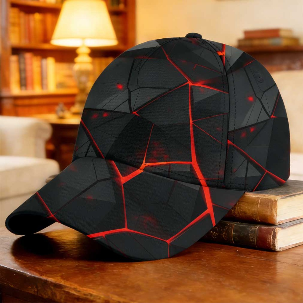 TEMU 1pc Casquette de baseball abstraite 2D plate et craquelée en lave, casquette de moderne, casquette de pêche à bord incurvé, casquette de sport,