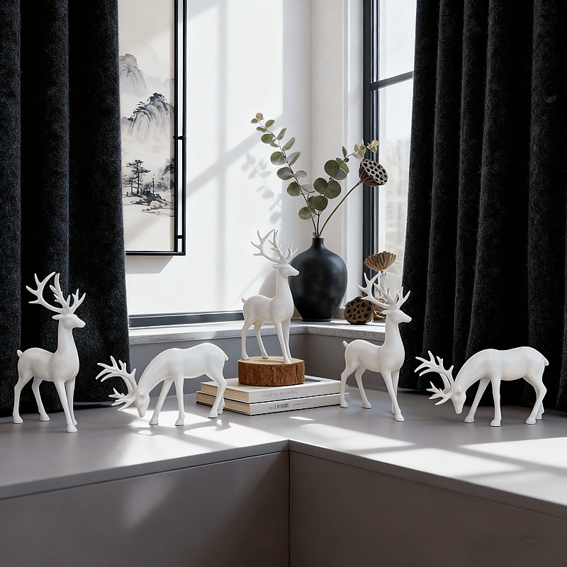 TEMU 5pcs Deer Figurine Family Set - Plastic Reindeer Statues Suitable For Home Indoor Christmas Decor, Collectible Deer Ornaments With Parent & Deer