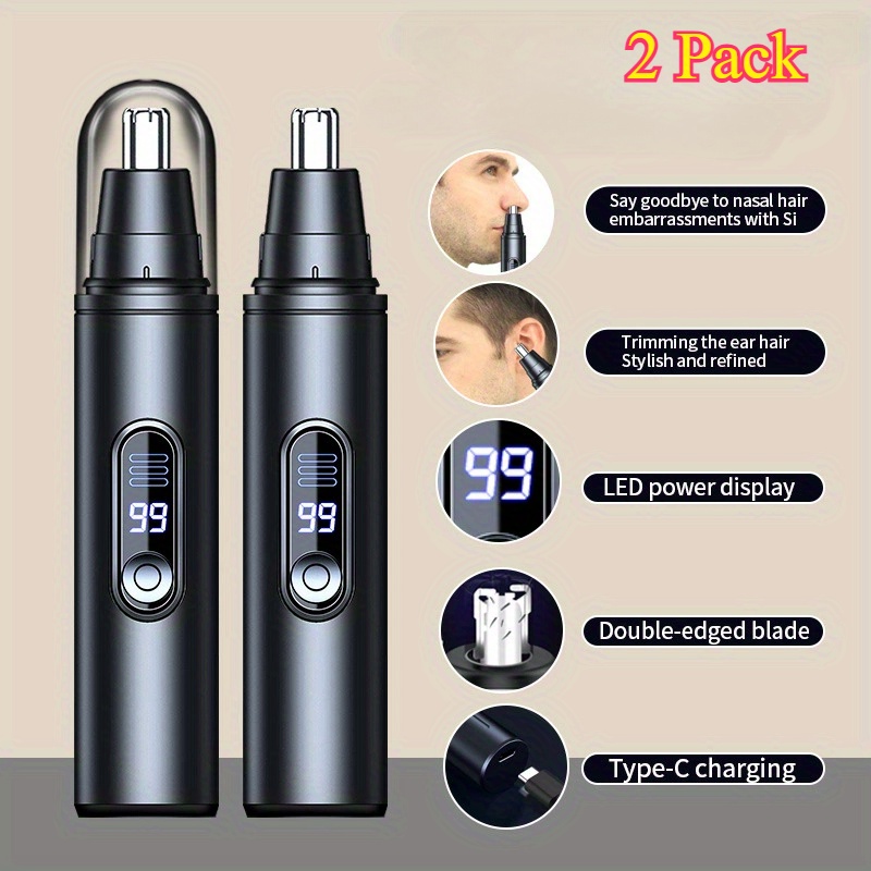 TEMU 2pcs , Quiet, Stainless Steel Usb Rechargeable Nose & Ear Hair Trimmer With Digital Display - For - Perfect Father's Day Gift
