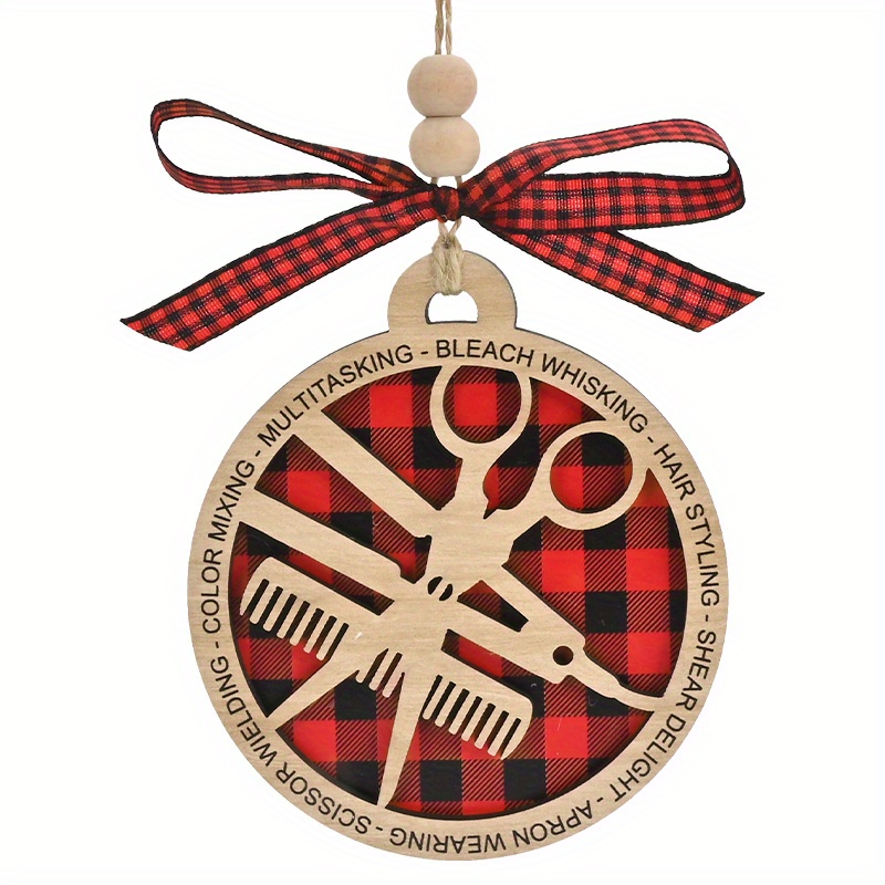 TEMU Single Piece Of A Christmas-themed Double-layer Wooden Ornament For Hairdressers, Featuring Salon Tool Designs. Ideal For Decorating Christmas