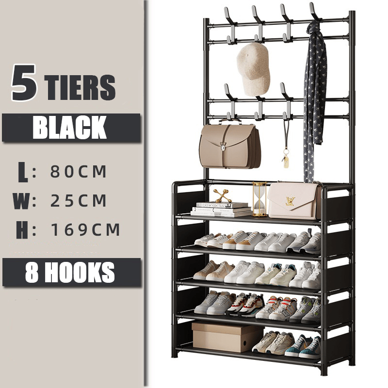 Image of Freestanding Coat Rack For , Featuring 8 Hooks And Storage Shelves. Suitable For , Bedrooms, And Living Rooms; Used To Hang Coats, Hats, And Bags.