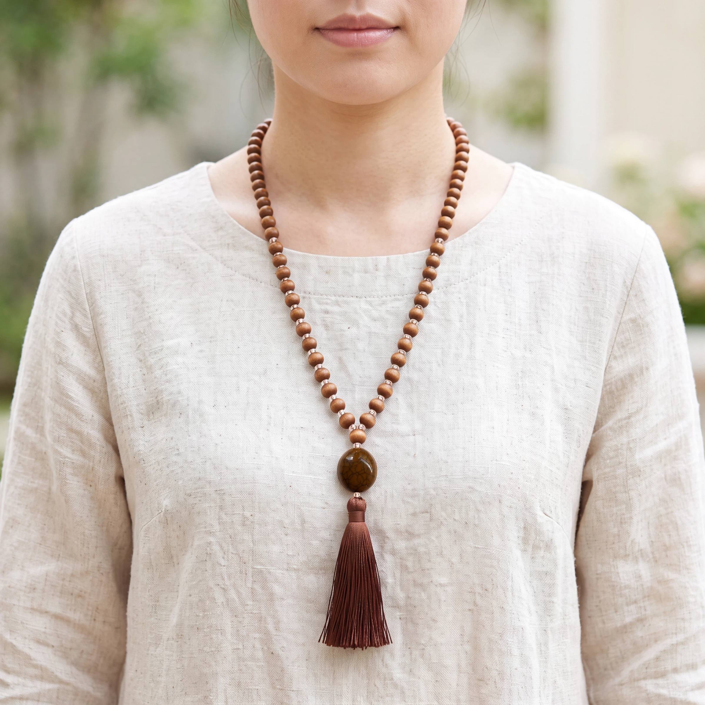 1-Pack Retro Tassel Beaded Long Pendant Neck Chain, Boho Style