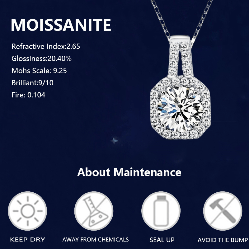 A 925 Silver Princess-cut Moissanite Pendant Necklace with a 1-2 Carat Stone, Featuring a Prong Setting. This Unisex Collarbone Chain Is Perfect as a Valentine's Day Gift for Men and Women, Couples, or as a Present for Weddings, Vacations, Dates