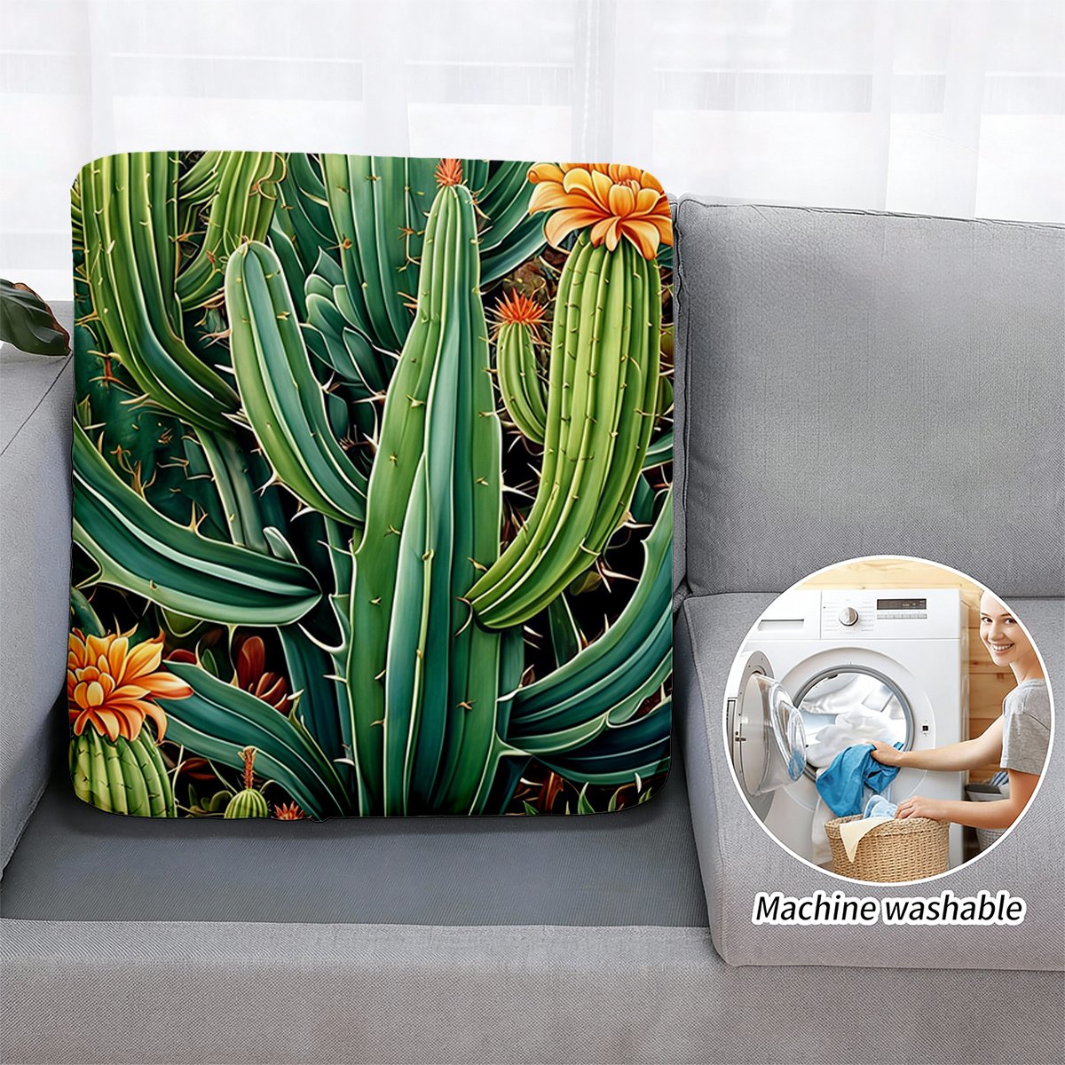 TEMU Housse de coussin élastique pour canapé extérieur - Motif imprimé réaliste de cactus tropical - Housse de remplacement pour coussin de