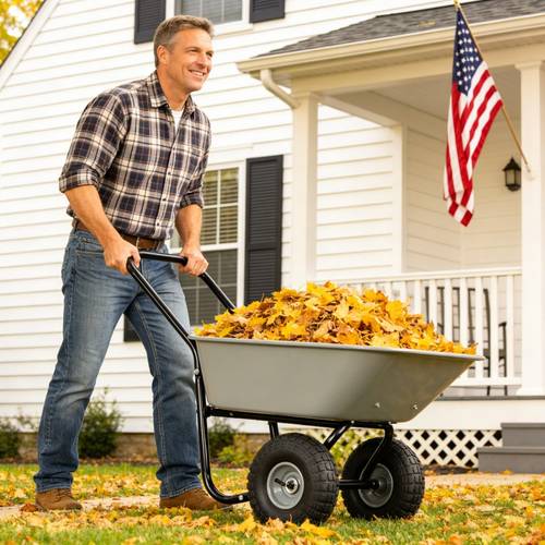 two wheeled cart garden cart 10 inch pneumatic wheels gray durable iron and plastic construction no electricity required