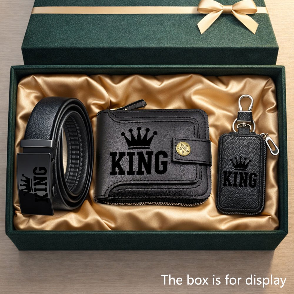 TEMU 3pcs Premium Men's Wallet Set, King' Logo Printed Design, Business Men's Wallet And Belt Key Holder Matching Set, Office And Daily Wear, Ideal