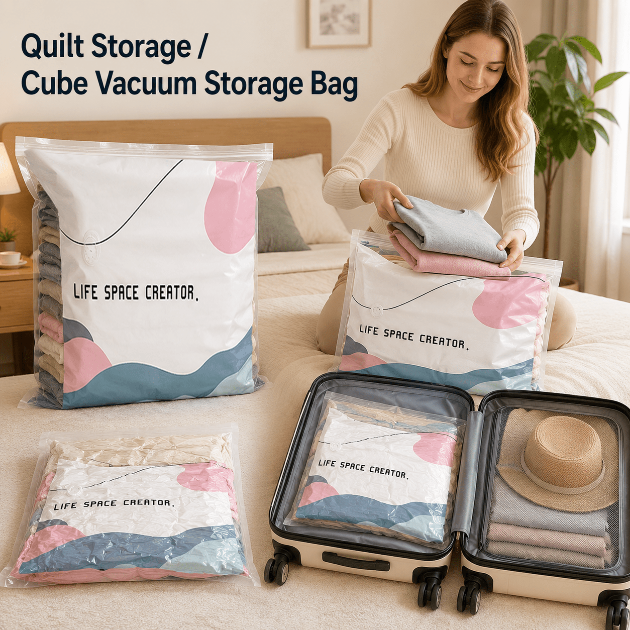 poza articolului set 3 buc. sac de compresie reutilizabil tip cub, nou, pentru   de spațiu - sac mare de vidare - sac de vidare 3d rulat, capacitate ultra-mare - sac de sigilare fără pompă de aer - potrivit pentru haine supradimensionate, lenjerie de pat, e și pături