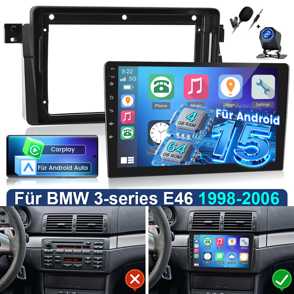 Image of 4gb+64gb 15 Autoradio Radio For E46 1998-2006 Car Stereo With Auto, 9 Inch Ips 1080p Touch Screen Radio With Gps Navi, Wifi, Eq, Swc, Fm Rds Radio With Ahd Camera