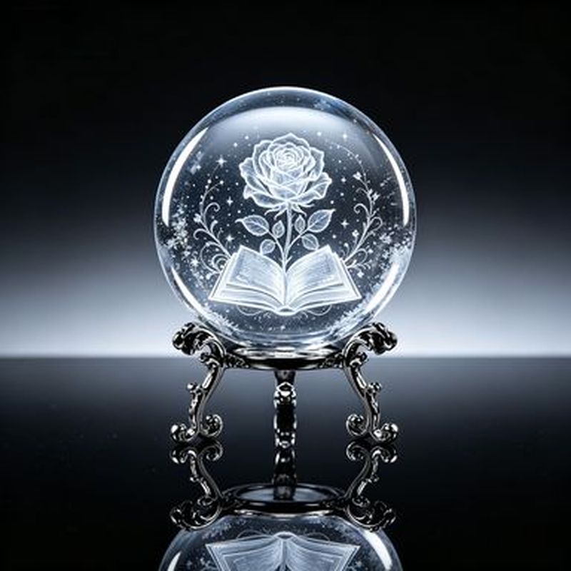 TEMU Boule de cristal avec livre et rose gravés au laser 3D, avec gravures florales, d'étoiles et , cristal K9 haute avec support en métal, ornement