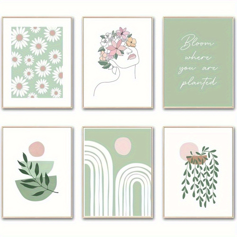 TEMU 6pcs Frameless Minimalist Floral & Quote Wall Art Posters - Daisy Line Drawings With Motivational Phrases, 8x10 Inch Aesthetic Prints Suitable