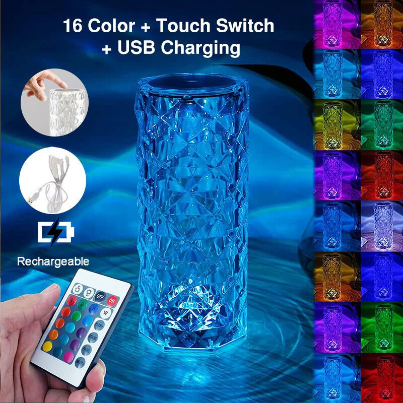 TEMU 1pc 16-color Changing Rgb Led Rose Crystal Table Lamp - Touch And Remote Control, Usb Rechargeable Night Light For Bedroom Decor, Holiday Gift
