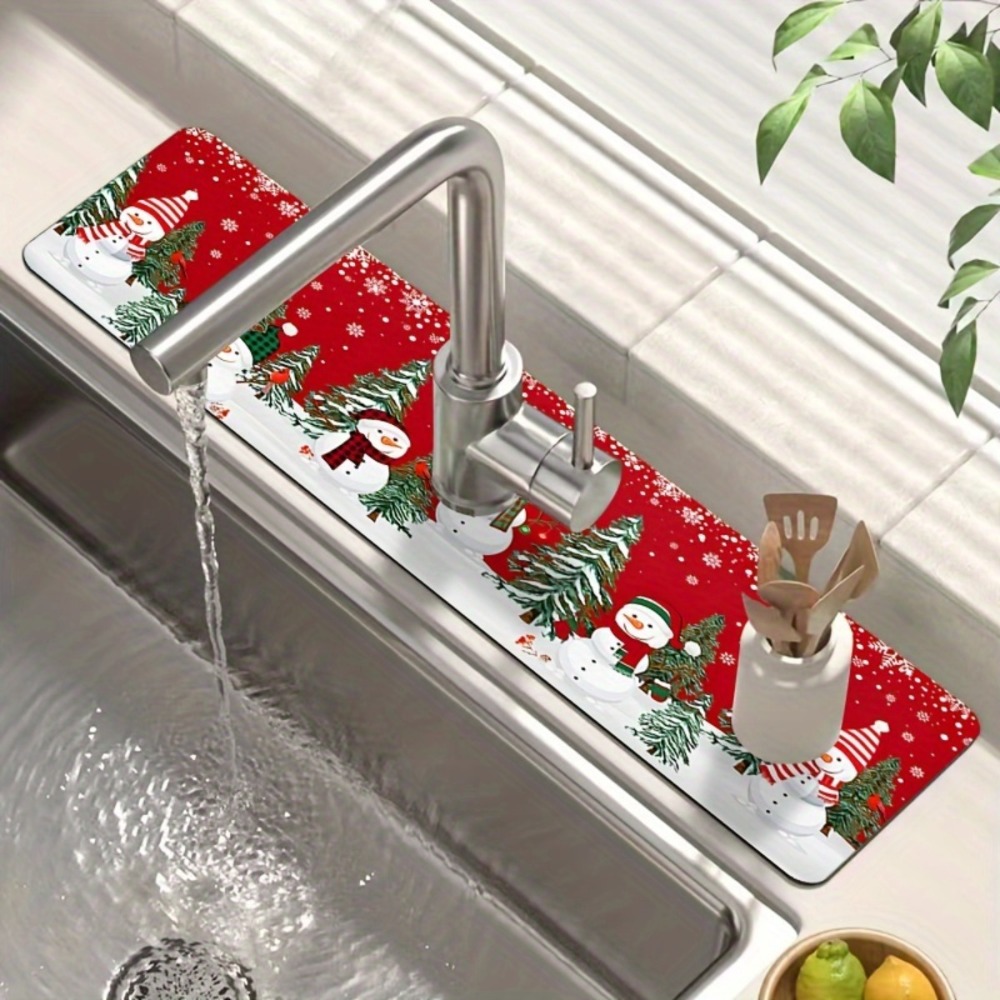 TEMU 1pc, Christmas Snowman Themed Diatomite Faucet Protector Pad, Sink Mat Trimmable, Bathroom Faucet Splash Guard, Moisture-proof Non-slip Tap Mat,
