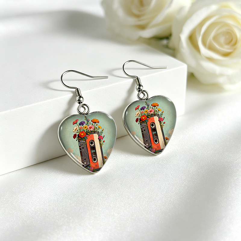 1 Pair Cassette Tape Blooms with Wildflowers Dangle Earrings