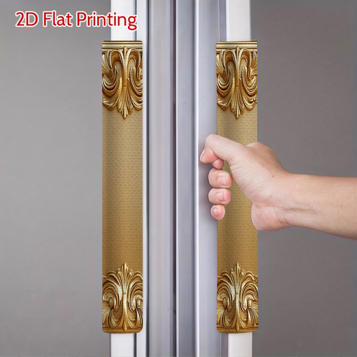 TEMU 2d Flat Luxury Golden Carved Photo Frame Printed Refrigerator Door Handle Cover (refrigerator Handle Not Included), Soft Fabric, Removable And