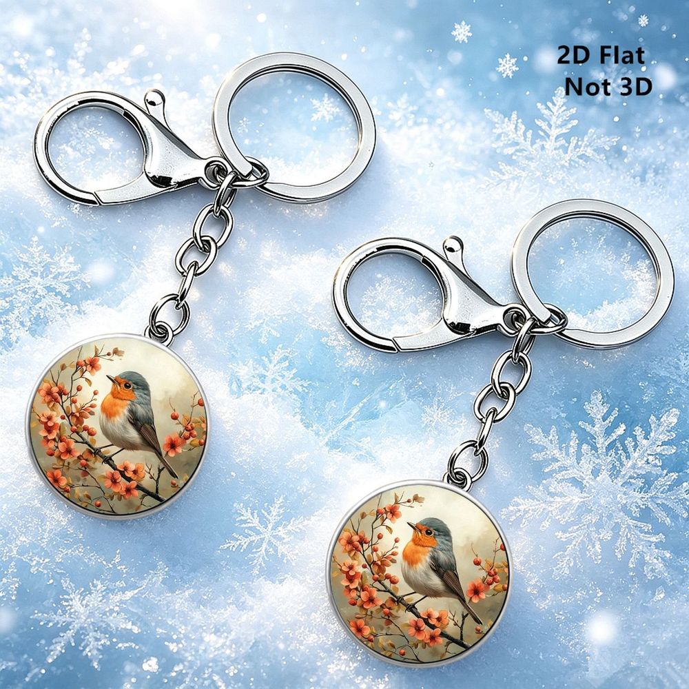 TEMU 2d Flat, Robin And Flower Branch Pattern Element - Metal Keychain, 2pcs Round Creative Keychain, Christmas - 2d Flat, Not 3d Keychain, Halloween