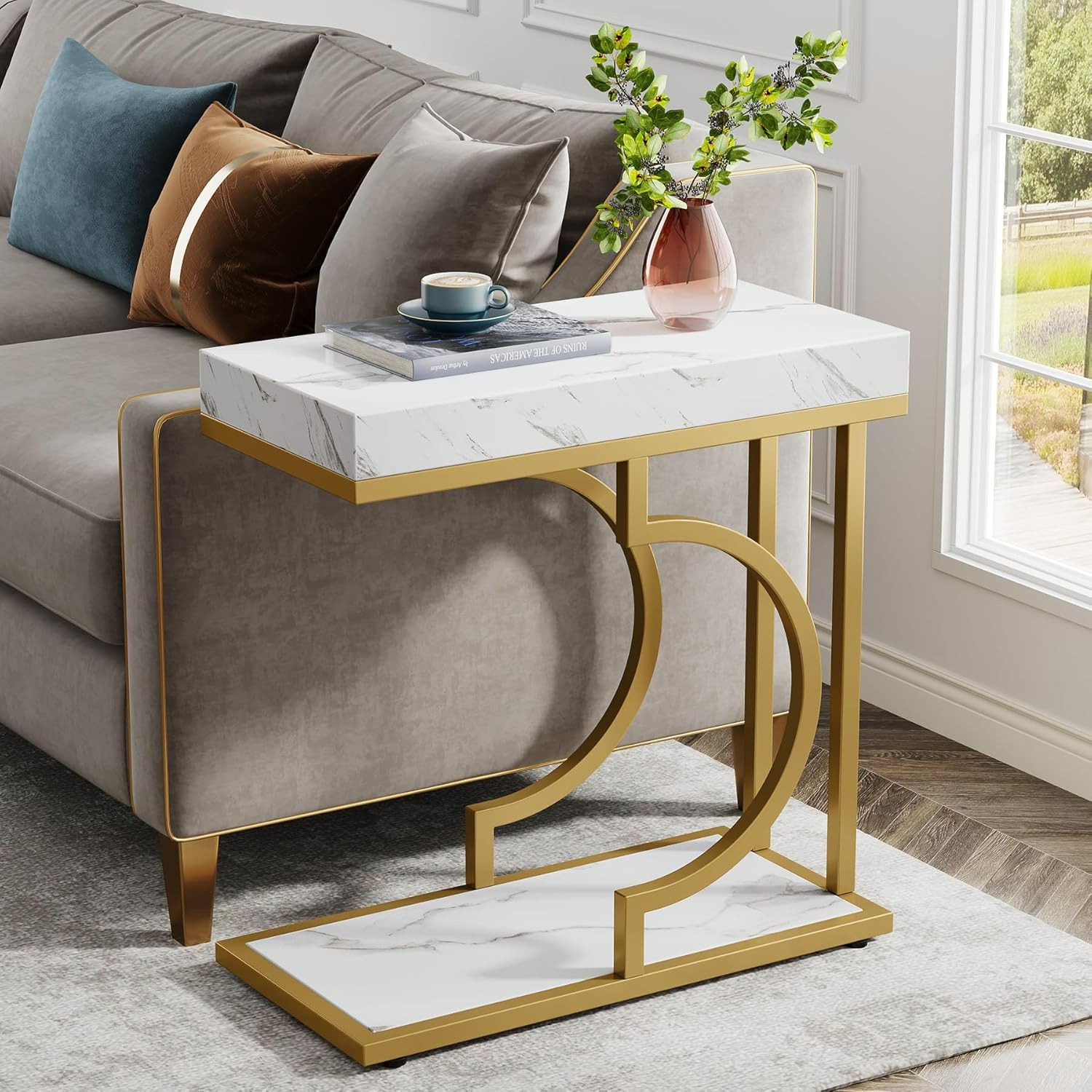 TEMU Table d'appoint moderne de C - Table de chevet compacte avec accents blanc et doré, design de place pour salon, chambre ou bureau - Montage