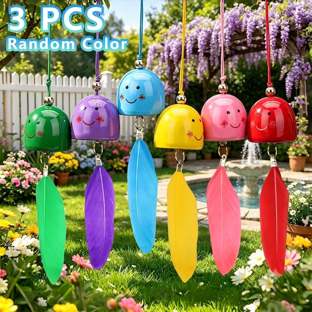 TEMU 3 Colored Wind Chimes With A 3-color Feather Set, Creative Hanging Wind Chimes, Metal Materials, Chime Sound, Decorative Metal Bell Pendants For
