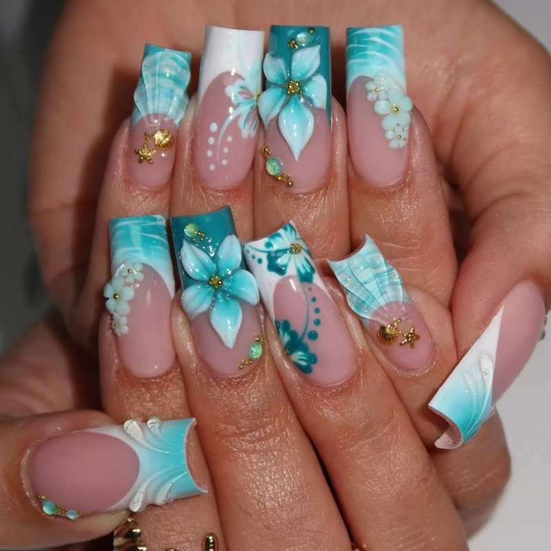 48pcs Summer Vibe Blue White Press On Nails 3d Flower Shell Brightening Nail Stickers
