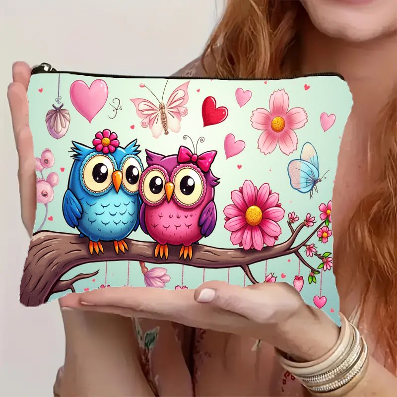 TEMU A Cosmetic Bag With A 2d Cartoon Owl Couple Design, Equipped With A Smooth Zipper. This Lightweight, Portable, And Foldable Makeup Pouch