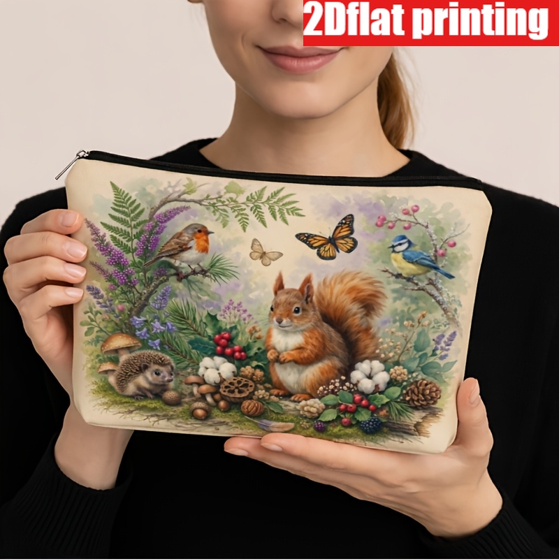 TEMU 2d Flat Printing 1pc Retro Forest Animal Squirrel Bird Makeup Bag Women's Style, Women's Gift Bag, Double-sided Printed Makeup Bag With Zipper