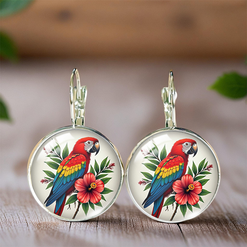 TEMU Un par de elegantes aretes de vidrio hechos a con diseños redondos de guacamayos, sin batería