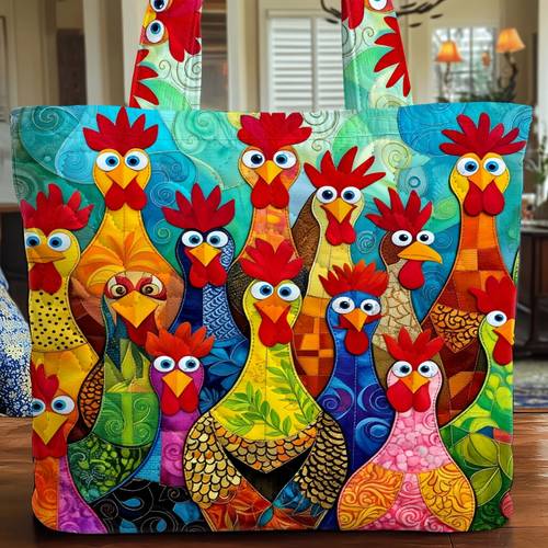 womens tote bag quilted embroidered chicken pattern large capacity portable shoulder bag for shopping travel and picnics vibrant multi color chicken design durable fabric stylish and functional