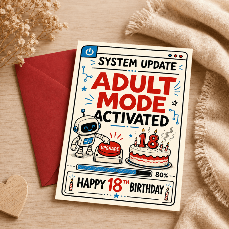 TEMU Your 18th Birthday With This Retro-tech Themed Card! Great For Or Family, It Features A Cute Robot, Birthday Cake, And A "adult Mode Activated"