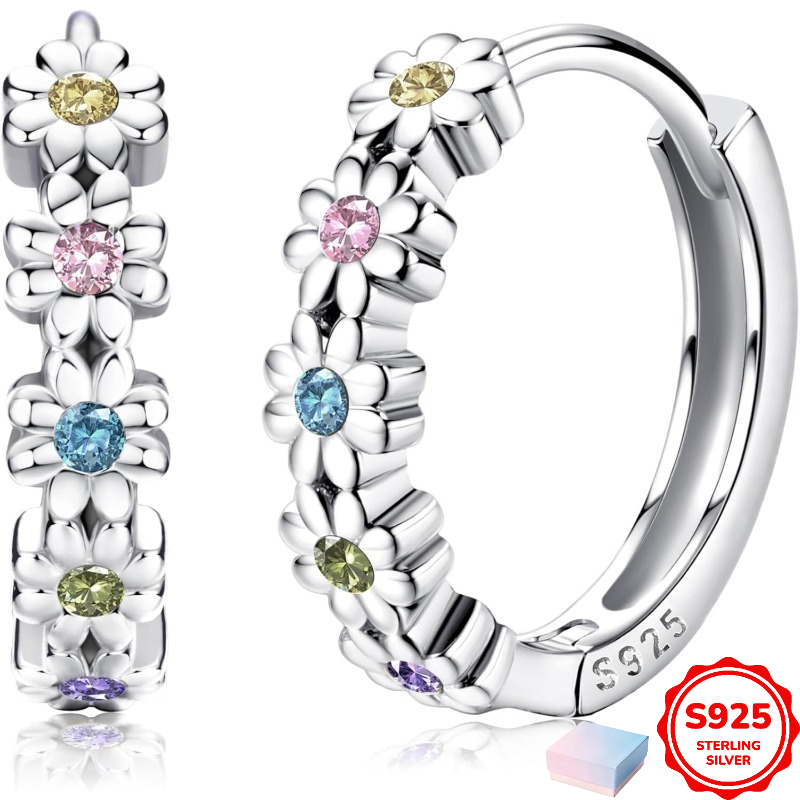 A Set Of Small Hoop Earrings Made Of 925 Sterling Silver For Women, Featuring Daisy Designs With Pave Rainbow Cubic Zirconia, Cute Flower , And Hypoallergenic