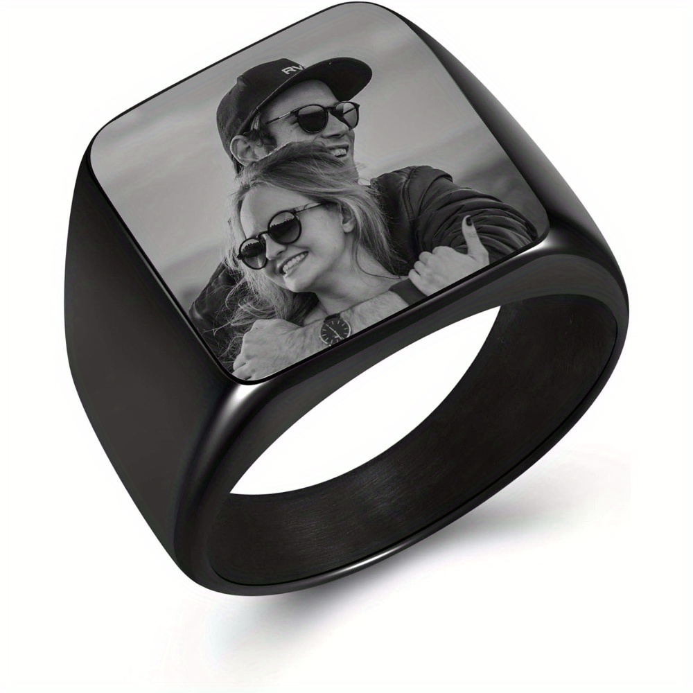 TEMU Custom Picture Signet Ring Engraved Polished Photo Text Initial Simple Plain Ring Size 9-14 For Men Women Memorial Stainless Steel Jewelry