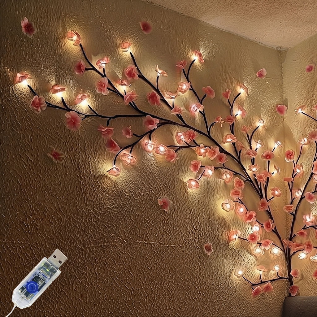 TEMU Pink Cherry Vine String Light Consisting Of 72 Cherry Vine Branches (36 Cherry Blossoms And 36 Leds), 150cm/59.06 Inches In Length. Suitable For